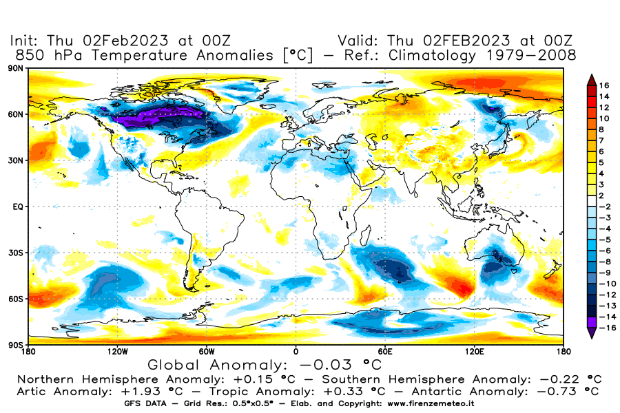 Mappa di analisi GFS - Anomalia Temperatura [°C] a 850 hPa in World
							del 02/02/2023 00 <!--googleoff: index-->UTC<!--googleon: index-->