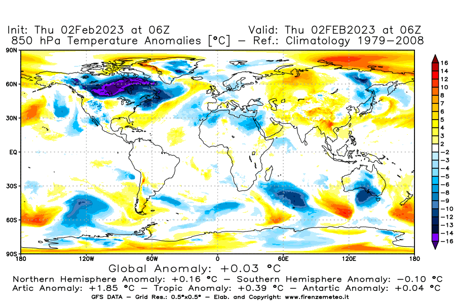Mappa di analisi GFS - Anomalia Temperatura [°C] a 850 hPa in World
							del 02/02/2023 06 <!--googleoff: index-->UTC<!--googleon: index-->