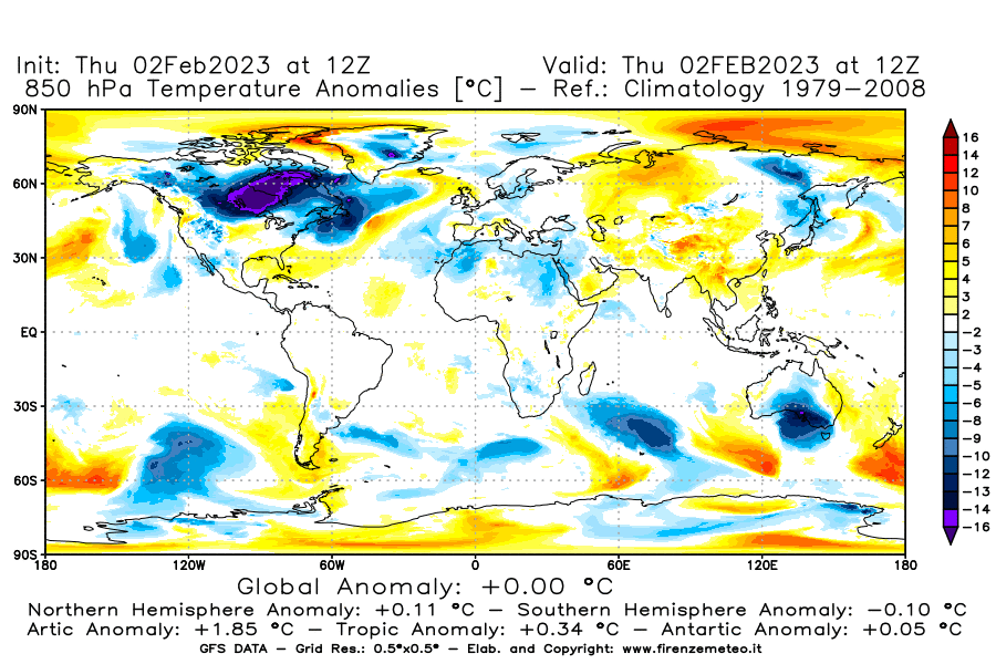 Mappa di analisi GFS - Anomalia Temperatura [°C] a 850 hPa in World
							del 02/02/2023 12 <!--googleoff: index-->UTC<!--googleon: index-->