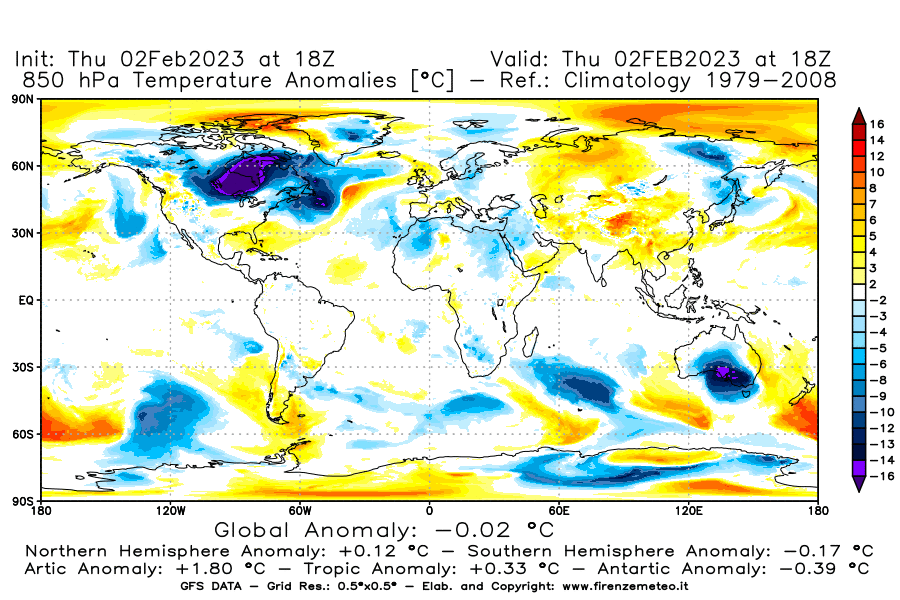 Mappa di analisi GFS - Anomalia Temperatura [°C] a 850 hPa in World
							del 02/02/2023 18 <!--googleoff: index-->UTC<!--googleon: index-->