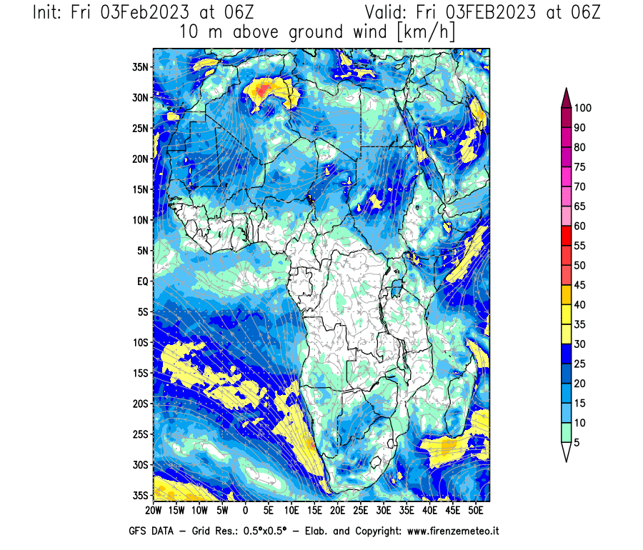 Mappa di analisi GFS - Velocità del vento a 10 metri dal suolo [km/h] in Africa
							del 03/02/2023 06 <!--googleoff: index-->UTC<!--googleon: index-->
