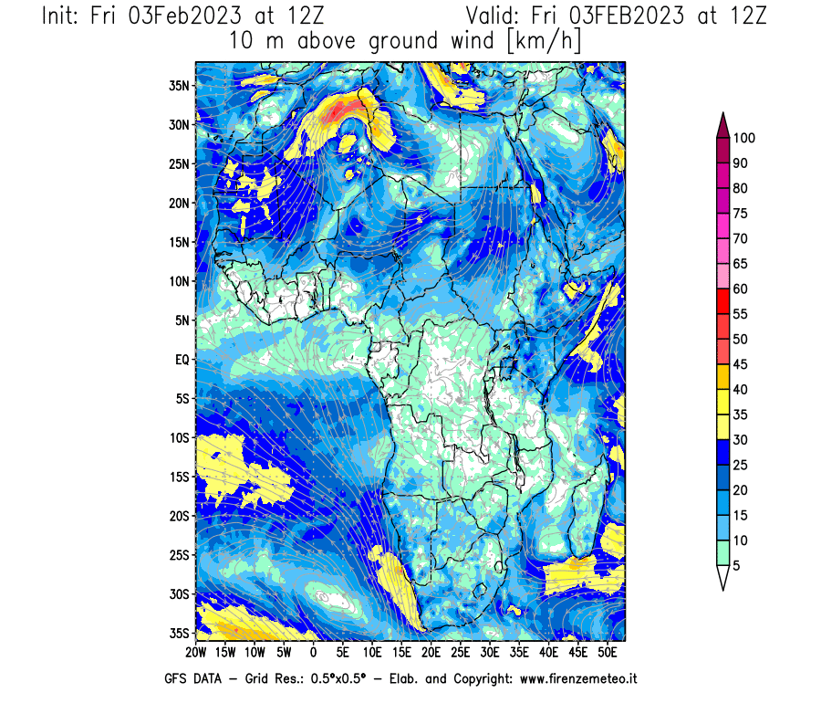 Mappa di analisi GFS - Velocità del vento a 10 metri dal suolo [km/h] in Africa
							del 03/02/2023 12 <!--googleoff: index-->UTC<!--googleon: index-->