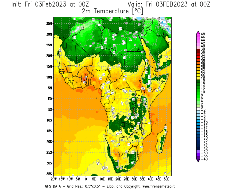 Mappa di analisi GFS - Temperatura a 2 metri dal suolo [°C] in Africa
							del 03/02/2023 00 <!--googleoff: index-->UTC<!--googleon: index-->