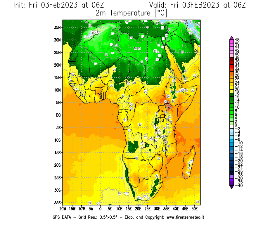 Mappa di analisi GFS - Temperatura a 2 metri dal suolo [°C] in Africa
							del 03/02/2023 06 <!--googleoff: index-->UTC<!--googleon: index-->