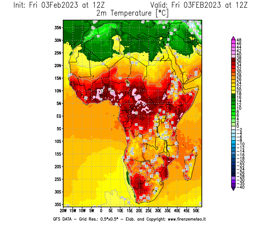 Mappa di analisi GFS - Temperatura a 2 metri dal suolo [°C] in Africa
							del 03/02/2023 12 <!--googleoff: index-->UTC<!--googleon: index-->
