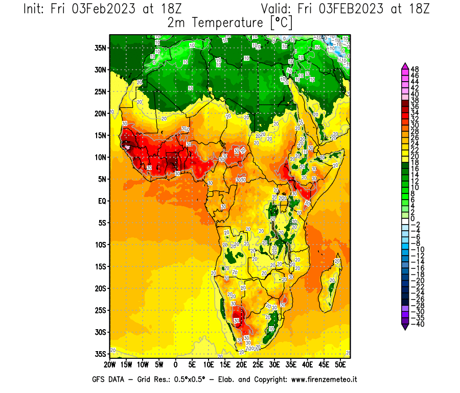 Mappa di analisi GFS - Temperatura a 2 metri dal suolo [°C] in Africa
							del 03/02/2023 18 <!--googleoff: index-->UTC<!--googleon: index-->