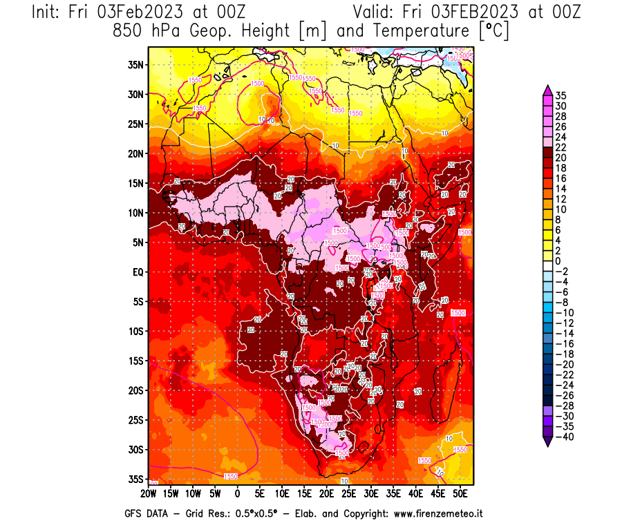 Mappa di analisi GFS - Geopotenziale [m] e Temperatura [°C] a 850 hPa in Africa
							del 03/02/2023 00 <!--googleoff: index-->UTC<!--googleon: index-->