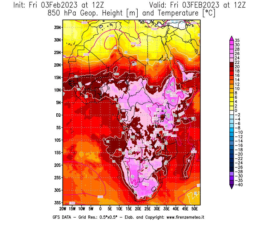 Mappa di analisi GFS - Geopotenziale [m] e Temperatura [°C] a 850 hPa in Africa
							del 03/02/2023 12 <!--googleoff: index-->UTC<!--googleon: index-->