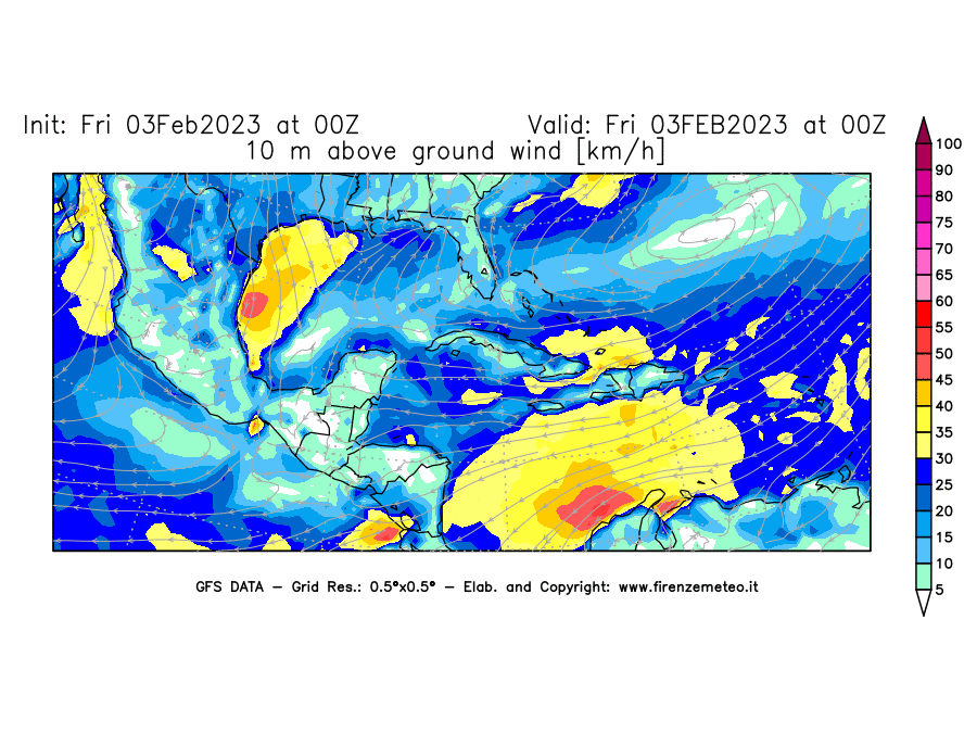 Mappa di analisi GFS - Velocità del vento a 10 metri dal suolo [km/h] in Centro-America
							del 03/02/2023 00 <!--googleoff: index-->UTC<!--googleon: index-->