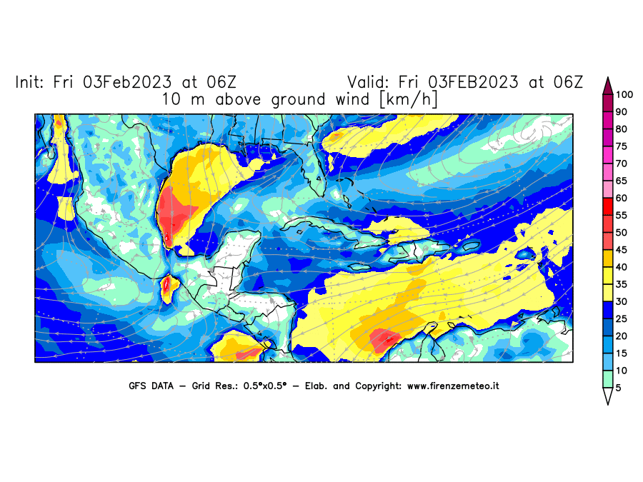 Mappa di analisi GFS - Velocità del vento a 10 metri dal suolo [km/h] in Centro-America
							del 03/02/2023 06 <!--googleoff: index-->UTC<!--googleon: index-->
