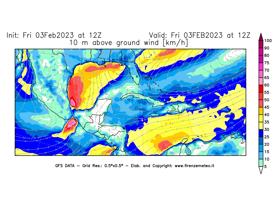 Mappa di analisi GFS - Velocità del vento a 10 metri dal suolo [km/h] in Centro-America
							del 03/02/2023 12 <!--googleoff: index-->UTC<!--googleon: index-->