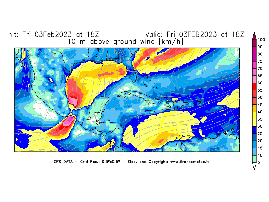 Mappa di analisi GFS - Velocità del vento a 10 metri dal suolo [km/h] in Centro-America
							del 03/02/2023 18 <!--googleoff: index-->UTC<!--googleon: index-->
