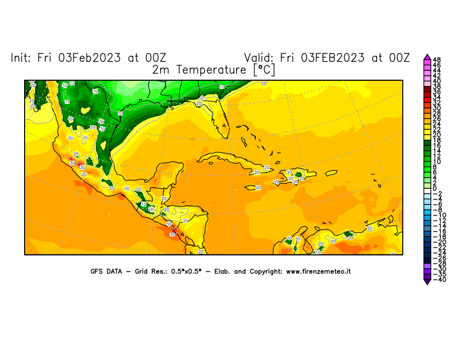 Mappa di analisi GFS - Temperatura a 2 metri dal suolo [°C] in Centro-America
							del 03/02/2023 00 <!--googleoff: index-->UTC<!--googleon: index-->