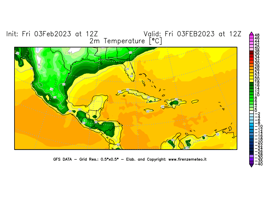 Mappa di analisi GFS - Temperatura a 2 metri dal suolo [°C] in Centro-America
							del 03/02/2023 12 <!--googleoff: index-->UTC<!--googleon: index-->