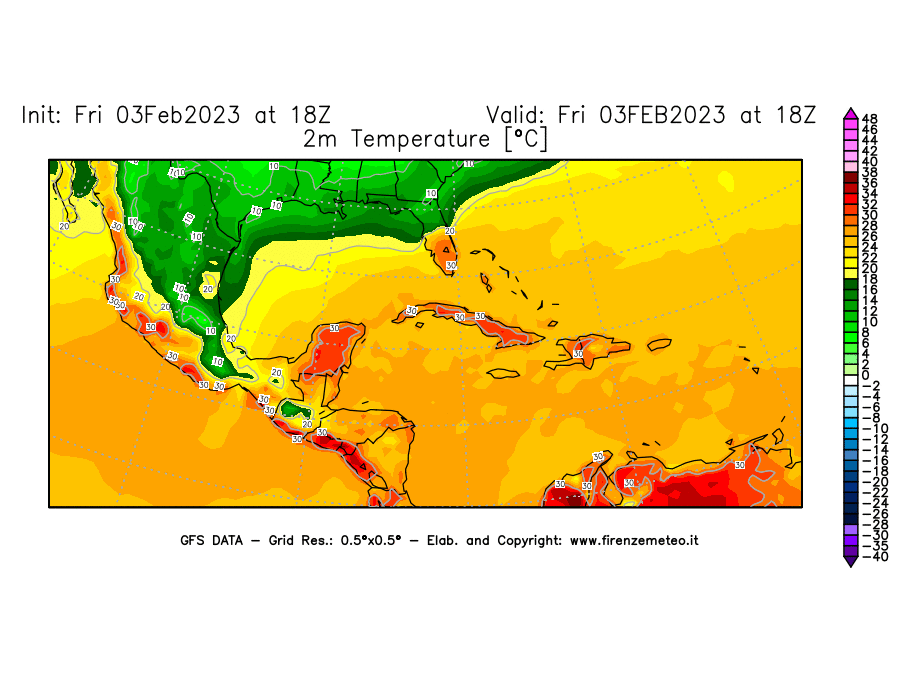 Mappa di analisi GFS - Temperatura a 2 metri dal suolo [°C] in Centro-America
							del 03/02/2023 18 <!--googleoff: index-->UTC<!--googleon: index-->