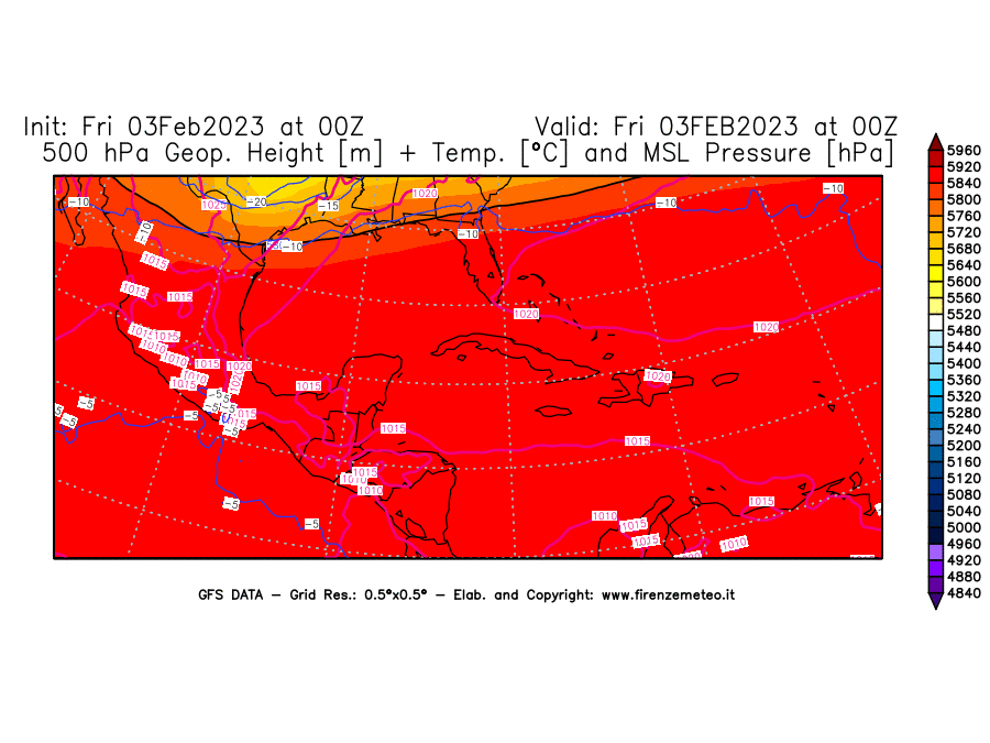 Mappa di analisi GFS - Geopotenziale [m] + Temp. [°C] a 500 hPa + Press. a livello del mare [hPa] in Centro-America
							del 03/02/2023 00 <!--googleoff: index-->UTC<!--googleon: index-->