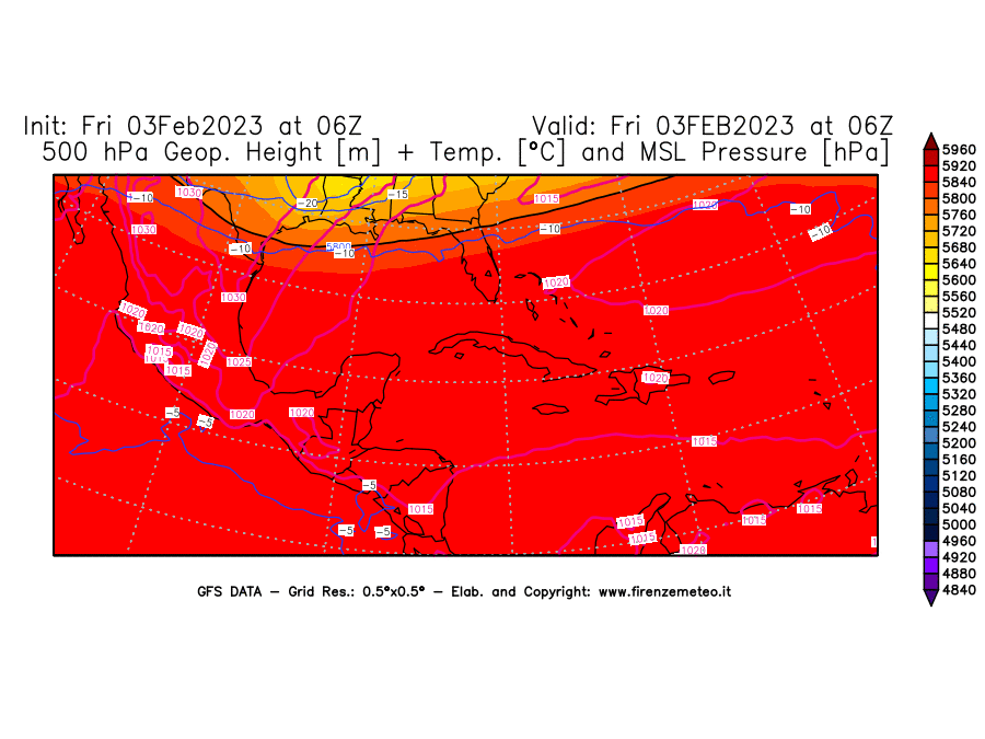 Mappa di analisi GFS - Geopotenziale [m] + Temp. [°C] a 500 hPa + Press. a livello del mare [hPa] in Centro-America
							del 03/02/2023 06 <!--googleoff: index-->UTC<!--googleon: index-->