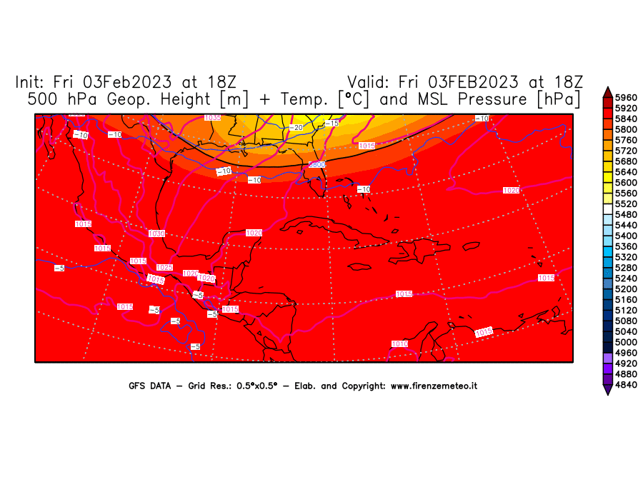 Mappa di analisi GFS - Geopotenziale [m] + Temp. [°C] a 500 hPa + Press. a livello del mare [hPa] in Centro-America
							del 03/02/2023 18 <!--googleoff: index-->UTC<!--googleon: index-->