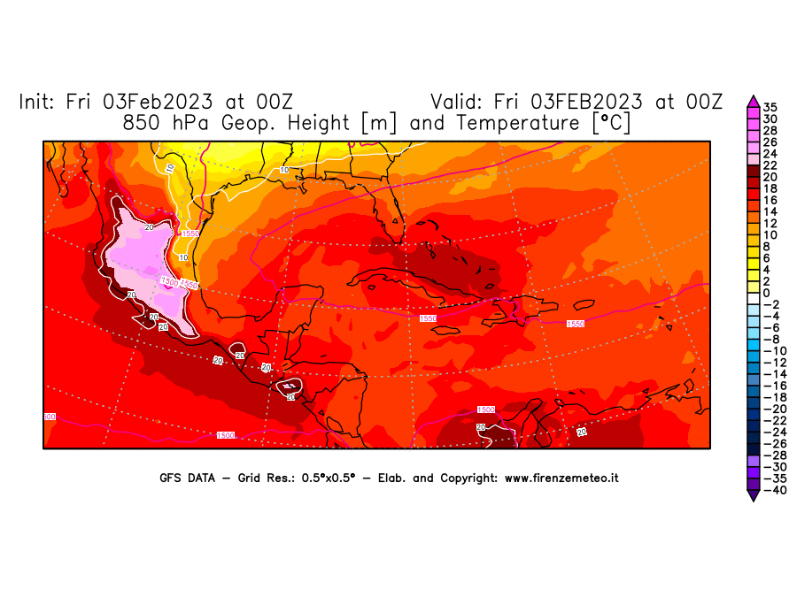 Mappa di analisi GFS - Geopotenziale [m] e Temperatura [°C] a 850 hPa in Centro-America
							del 03/02/2023 00 <!--googleoff: index-->UTC<!--googleon: index-->