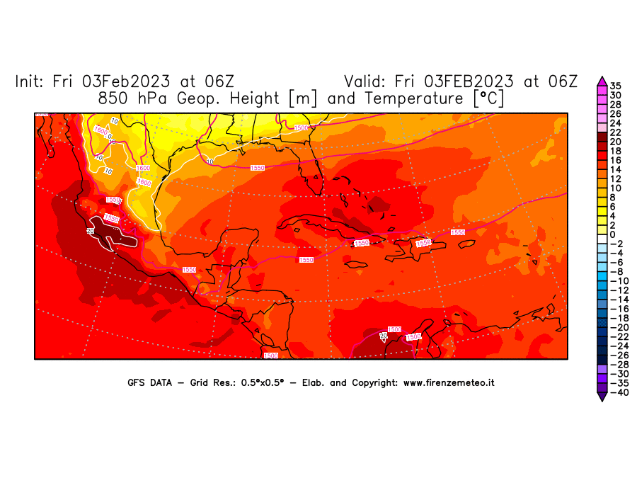 Mappa di analisi GFS - Geopotenziale [m] e Temperatura [°C] a 850 hPa in Centro-America
							del 03/02/2023 06 <!--googleoff: index-->UTC<!--googleon: index-->
