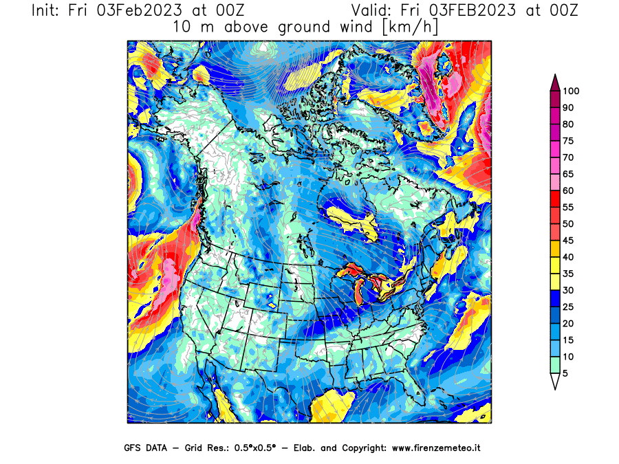 Mappa di analisi GFS - Velocità del vento a 10 metri dal suolo [km/h] in Nord-America
							del 03/02/2023 00 <!--googleoff: index-->UTC<!--googleon: index-->