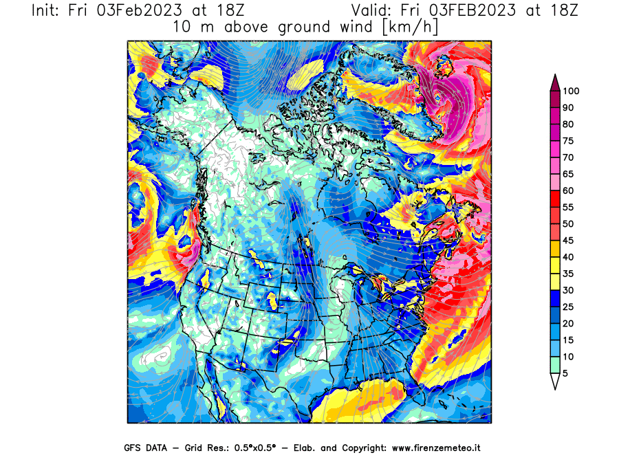 Mappa di analisi GFS - Velocità del vento a 10 metri dal suolo [km/h] in Nord-America
							del 03/02/2023 18 <!--googleoff: index-->UTC<!--googleon: index-->