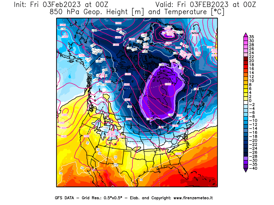 Mappa di analisi GFS - Geopotenziale [m] e Temperatura [°C] a 850 hPa in Nord-America
							del 03/02/2023 00 <!--googleoff: index-->UTC<!--googleon: index-->