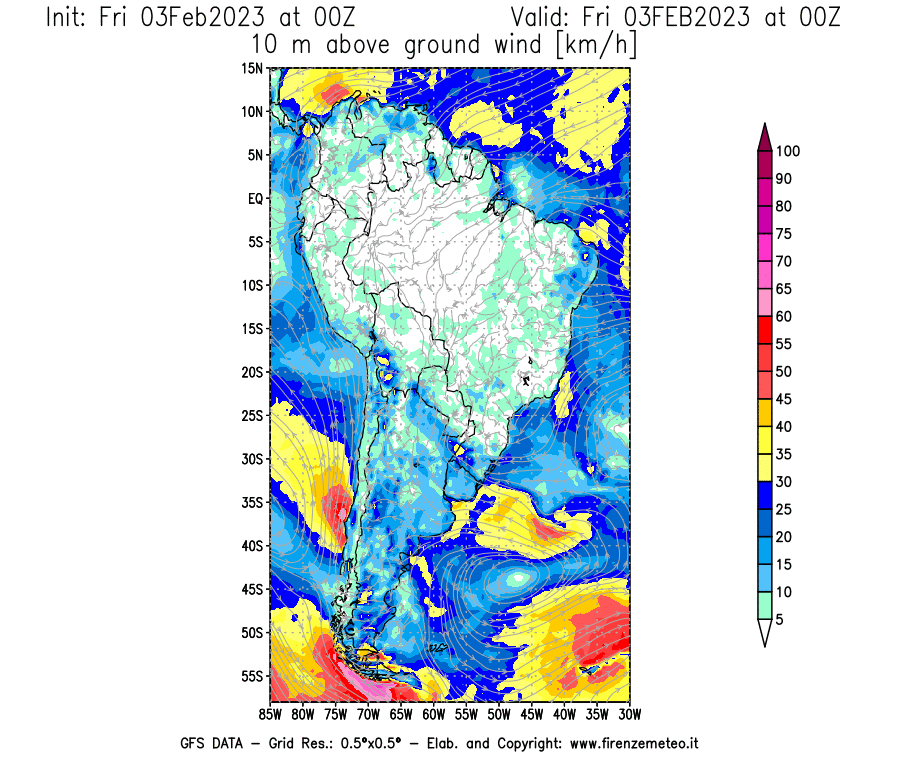 Mappa di analisi GFS - Velocità del vento a 10 metri dal suolo [km/h] in Sud-America
							del 03/02/2023 00 <!--googleoff: index-->UTC<!--googleon: index-->