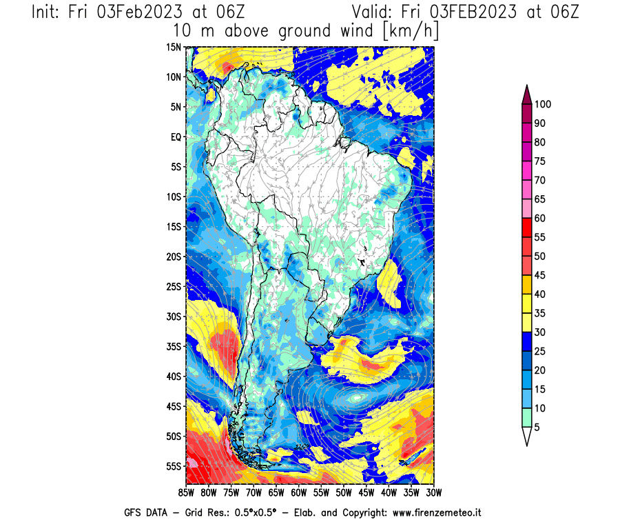 Mappa di analisi GFS - Velocità del vento a 10 metri dal suolo [km/h] in Sud-America
							del 03/02/2023 06 <!--googleoff: index-->UTC<!--googleon: index-->
