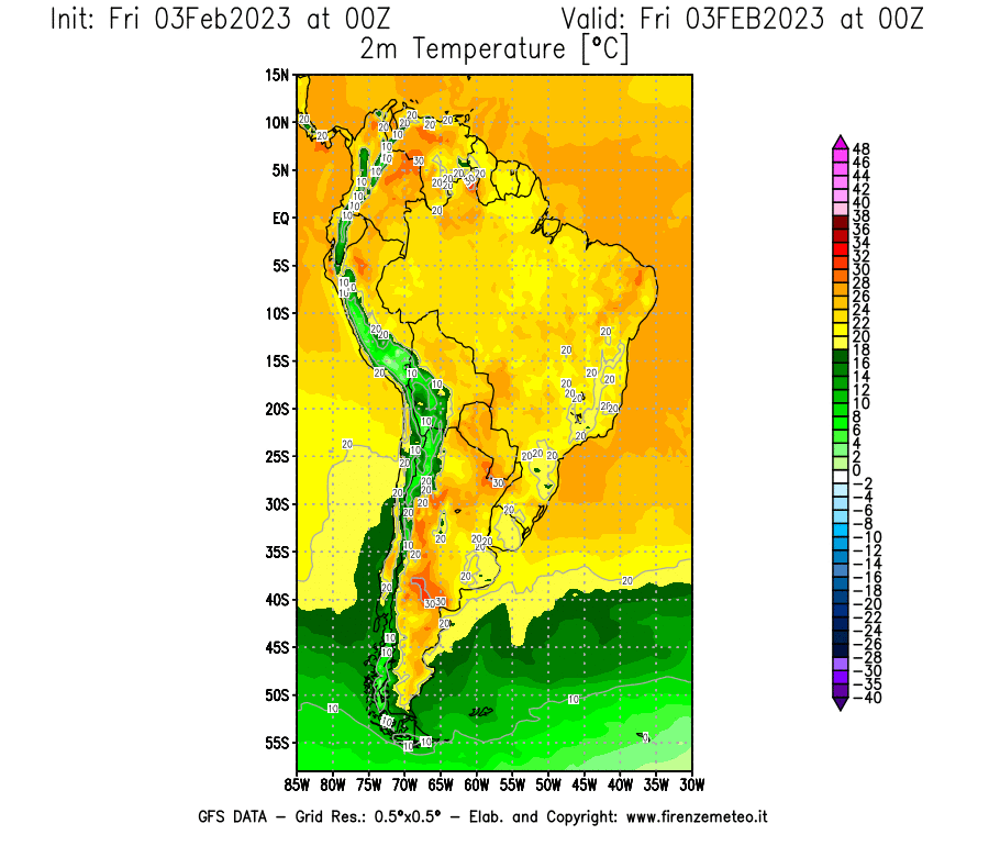 Mappa di analisi GFS - Temperatura a 2 metri dal suolo [°C] in Sud-America
							del 03/02/2023 00 <!--googleoff: index-->UTC<!--googleon: index-->