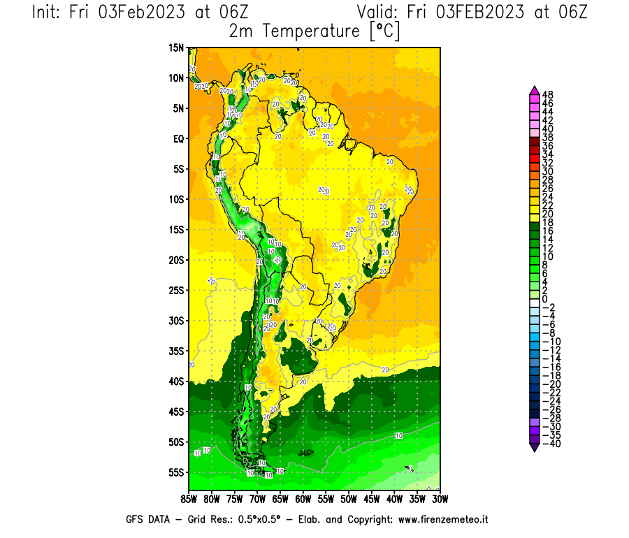 Mappa di analisi GFS - Temperatura a 2 metri dal suolo [°C] in Sud-America
							del 03/02/2023 06 <!--googleoff: index-->UTC<!--googleon: index-->