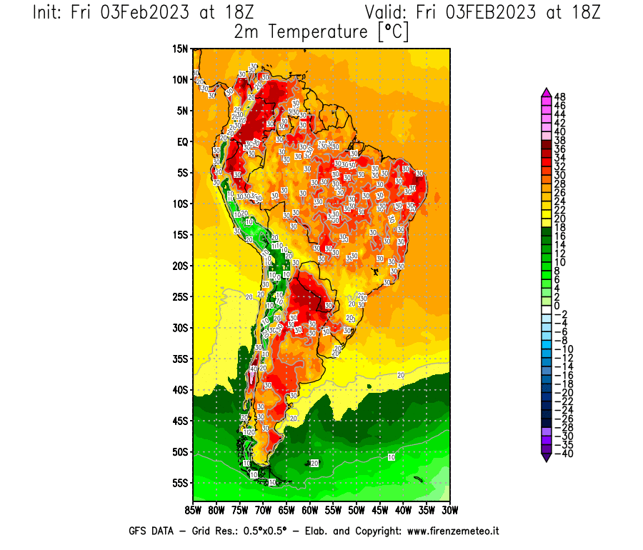 Mappa di analisi GFS - Temperatura a 2 metri dal suolo [°C] in Sud-America
							del 03/02/2023 18 <!--googleoff: index-->UTC<!--googleon: index-->