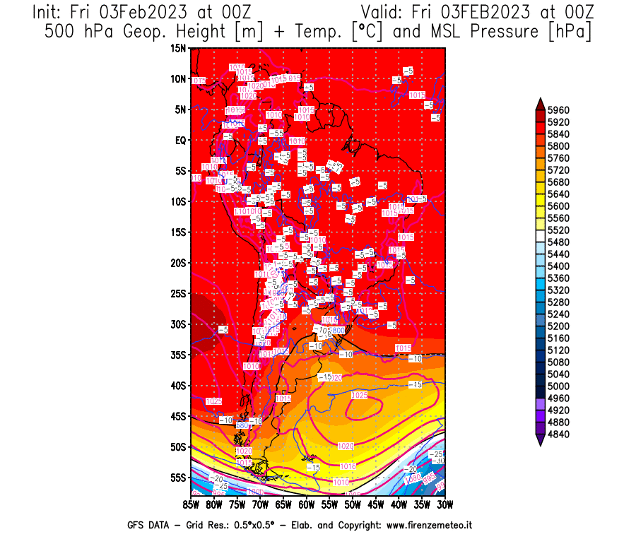 Mappa di analisi GFS - Geopotenziale [m] + Temp. [°C] a 500 hPa + Press. a livello del mare [hPa] in Sud-America
							del 03/02/2023 00 <!--googleoff: index-->UTC<!--googleon: index-->