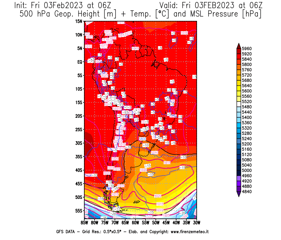 Mappa di analisi GFS - Geopotenziale [m] + Temp. [°C] a 500 hPa + Press. a livello del mare [hPa] in Sud-America
							del 03/02/2023 06 <!--googleoff: index-->UTC<!--googleon: index-->
