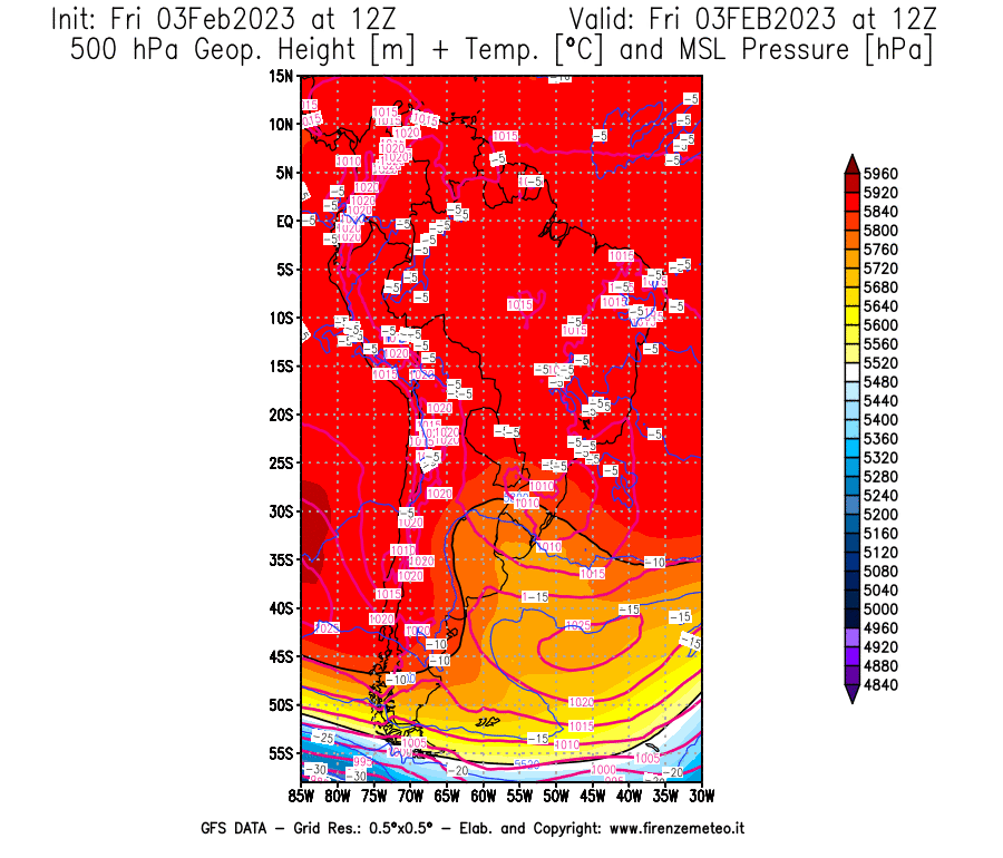 Mappa di analisi GFS - Geopotenziale [m] + Temp. [°C] a 500 hPa + Press. a livello del mare [hPa] in Sud-America
							del 03/02/2023 12 <!--googleoff: index-->UTC<!--googleon: index-->
