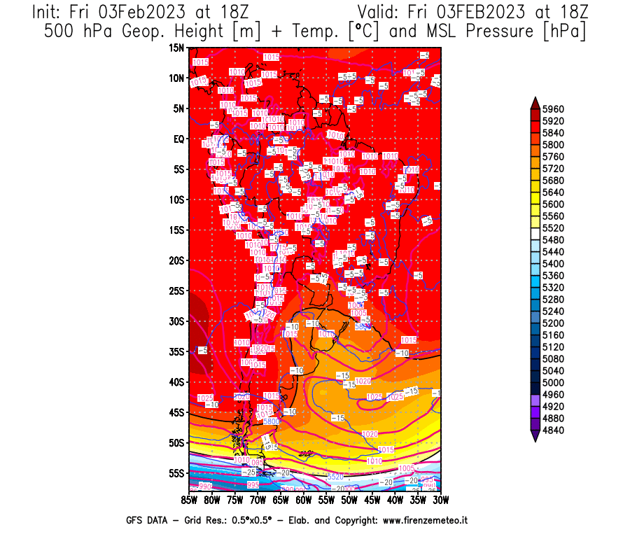 Mappa di analisi GFS - Geopotenziale [m] + Temp. [°C] a 500 hPa + Press. a livello del mare [hPa] in Sud-America
							del 03/02/2023 18 <!--googleoff: index-->UTC<!--googleon: index-->