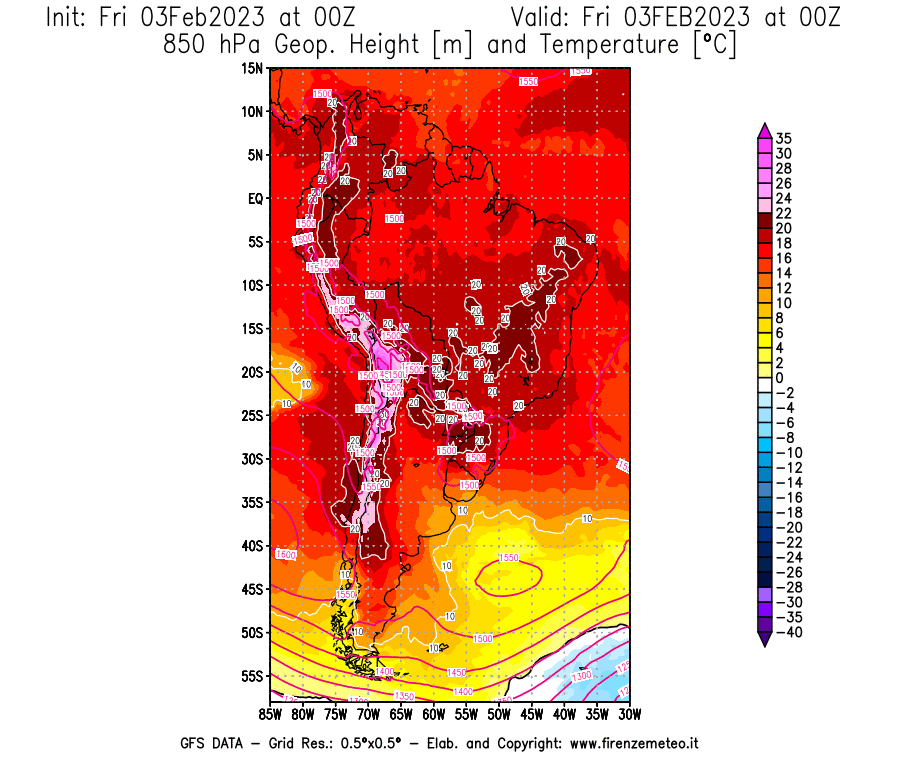 Mappa di analisi GFS - Geopotenziale [m] e Temperatura [°C] a 850 hPa in Sud-America
							del 03/02/2023 00 <!--googleoff: index-->UTC<!--googleon: index-->