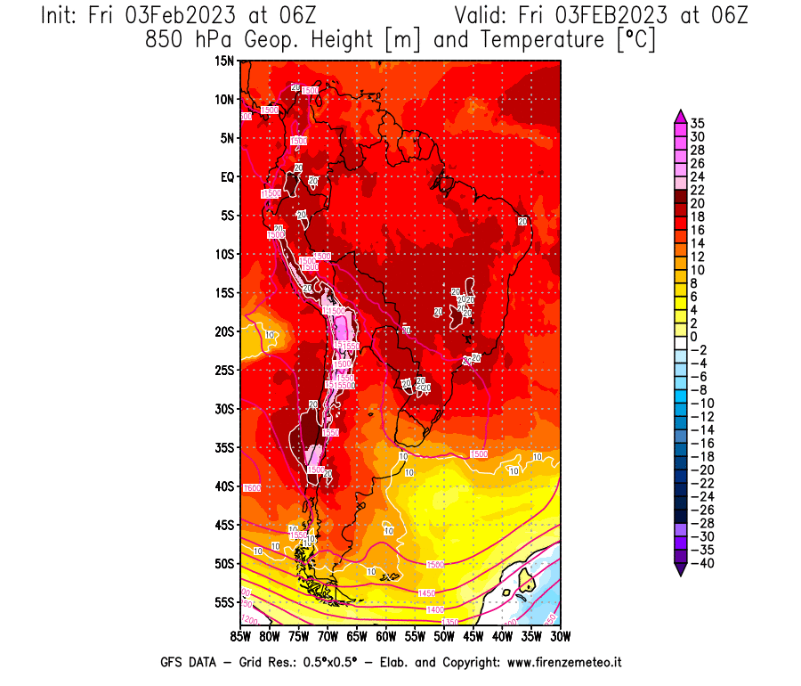 Mappa di analisi GFS - Geopotenziale [m] e Temperatura [°C] a 850 hPa in Sud-America
							del 03/02/2023 06 <!--googleoff: index-->UTC<!--googleon: index-->