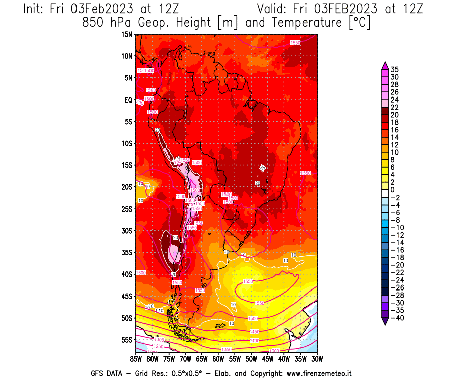 Mappa di analisi GFS - Geopotenziale [m] e Temperatura [°C] a 850 hPa in Sud-America
							del 03/02/2023 12 <!--googleoff: index-->UTC<!--googleon: index-->