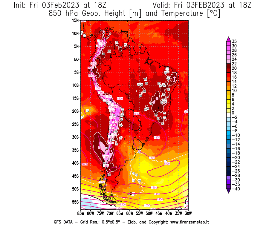 Mappa di analisi GFS - Geopotenziale [m] e Temperatura [°C] a 850 hPa in Sud-America
							del 03/02/2023 18 <!--googleoff: index-->UTC<!--googleon: index-->