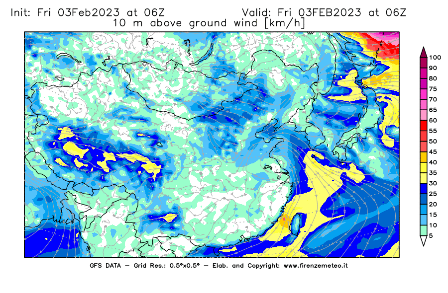 Mappa di analisi GFS - Velocità del vento a 10 metri dal suolo [km/h] in Asia Orientale
							del 03/02/2023 06 <!--googleoff: index-->UTC<!--googleon: index-->