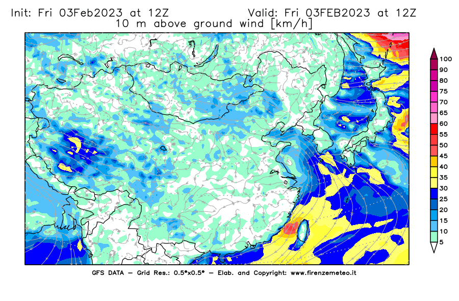 Mappa di analisi GFS - Velocità del vento a 10 metri dal suolo [km/h] in Asia Orientale
							del 03/02/2023 12 <!--googleoff: index-->UTC<!--googleon: index-->