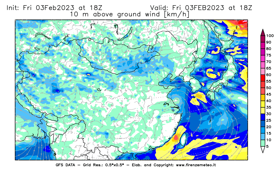 Mappa di analisi GFS - Velocità del vento a 10 metri dal suolo [km/h] in Asia Orientale
							del 03/02/2023 18 <!--googleoff: index-->UTC<!--googleon: index-->