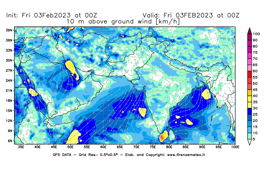 Mappa di analisi GFS - Velocità del vento a 10 metri dal suolo [km/h] in Asia Sud-Occidentale
							del 03/02/2023 00 <!--googleoff: index-->UTC<!--googleon: index-->