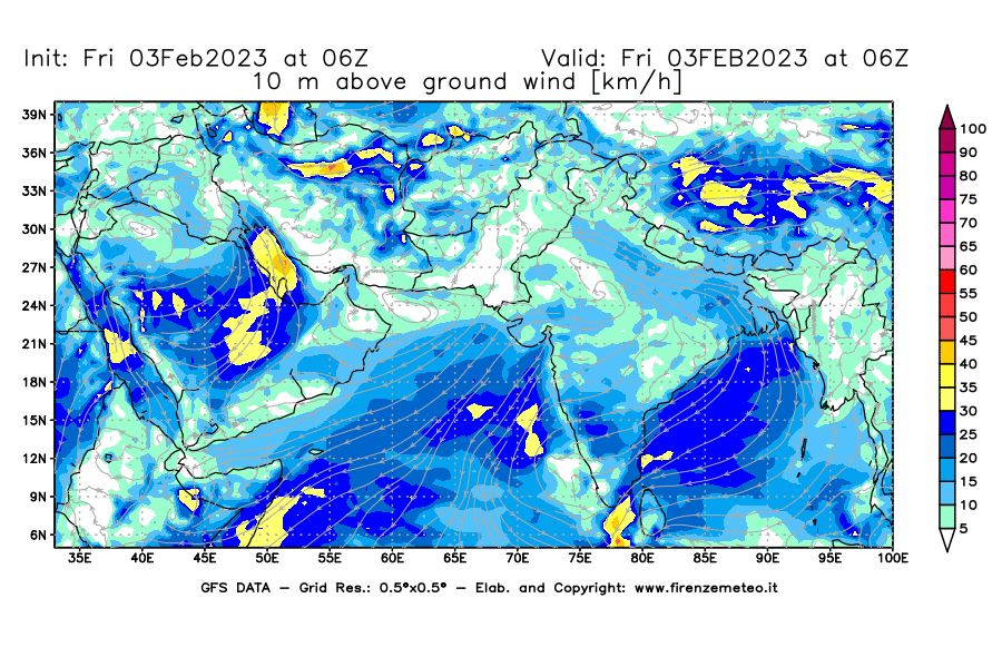 Mappa di analisi GFS - Velocità del vento a 10 metri dal suolo [km/h] in Asia Sud-Occidentale
							del 03/02/2023 06 <!--googleoff: index-->UTC<!--googleon: index-->