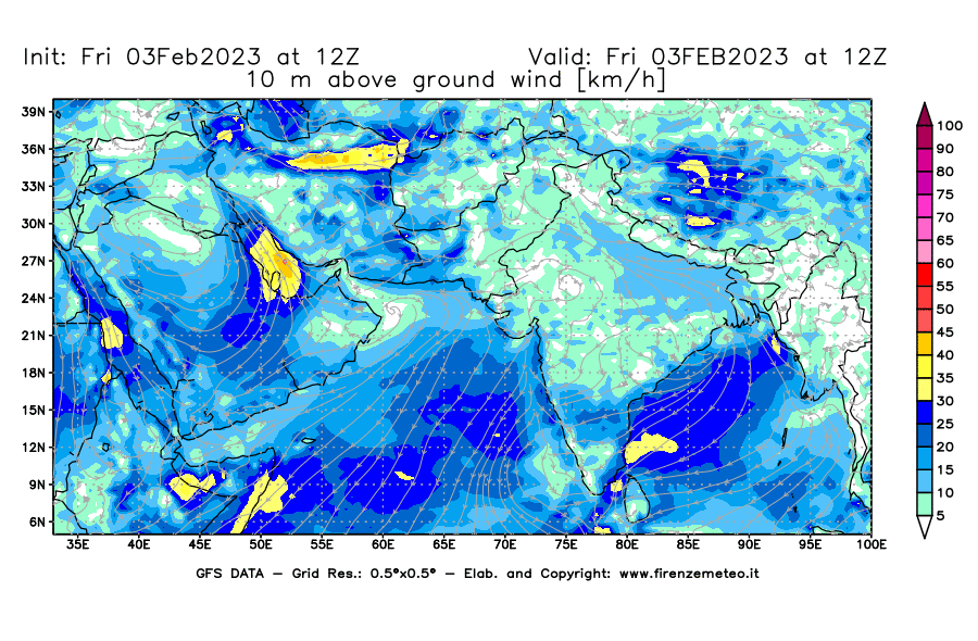 Mappa di analisi GFS - Velocità del vento a 10 metri dal suolo [km/h] in Asia Sud-Occidentale
							del 03/02/2023 12 <!--googleoff: index-->UTC<!--googleon: index-->