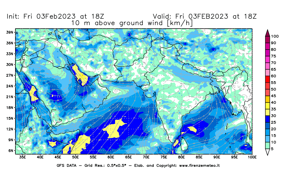 Mappa di analisi GFS - Velocità del vento a 10 metri dal suolo [km/h] in Asia Sud-Occidentale
							del 03/02/2023 18 <!--googleoff: index-->UTC<!--googleon: index-->
