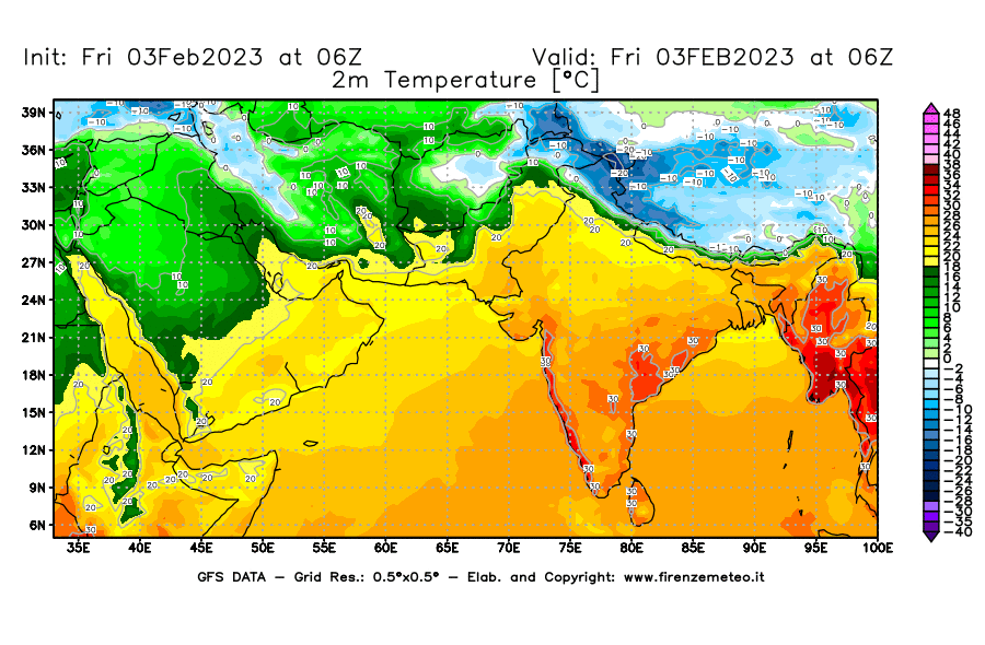 Mappa di analisi GFS - Temperatura a 2 metri dal suolo [°C] in Asia Sud-Occidentale
							del 03/02/2023 06 <!--googleoff: index-->UTC<!--googleon: index-->