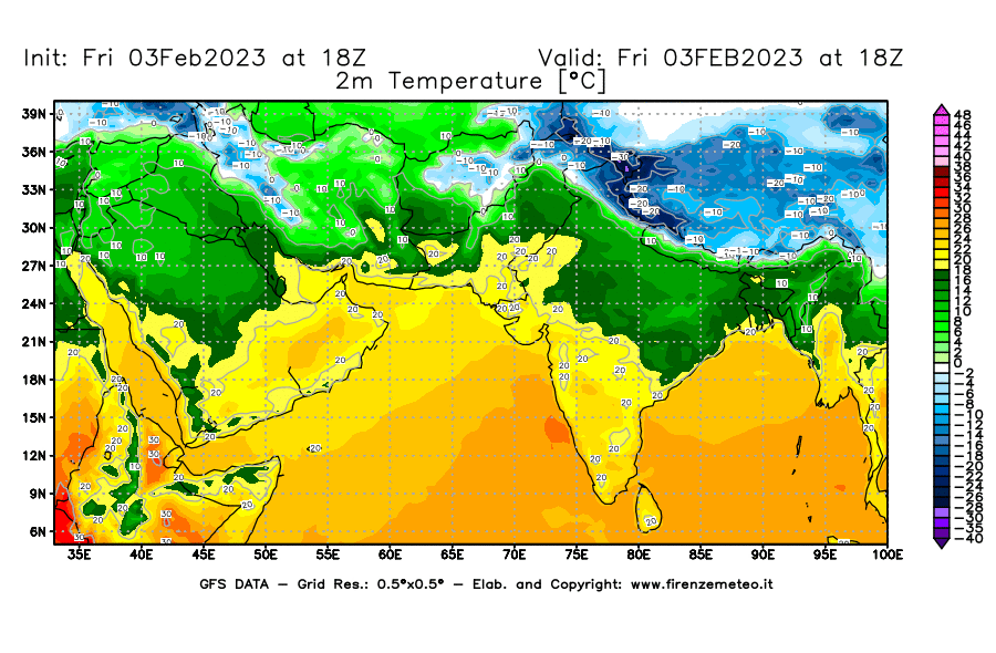 Mappa di analisi GFS - Temperatura a 2 metri dal suolo [°C] in Asia Sud-Occidentale
							del 03/02/2023 18 <!--googleoff: index-->UTC<!--googleon: index-->