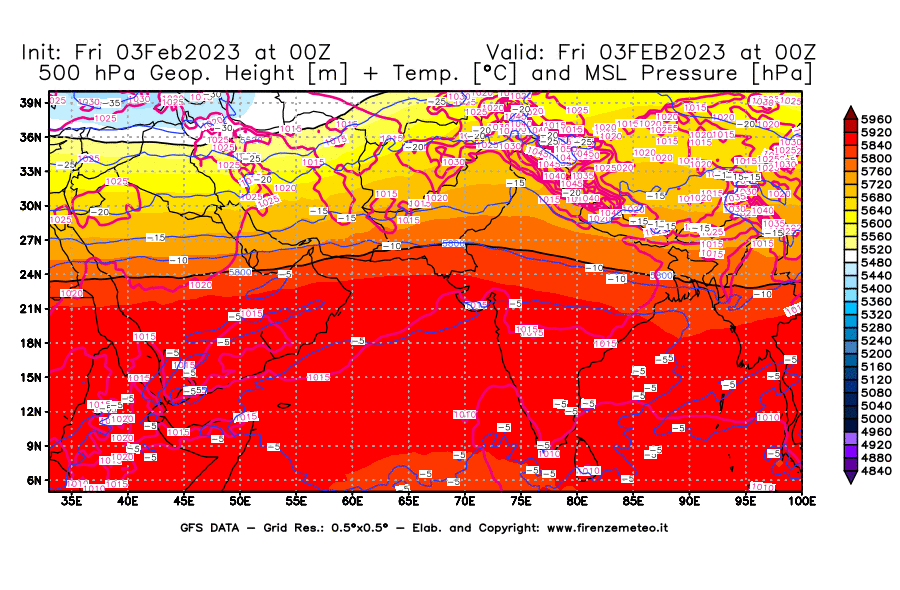 Mappa di analisi GFS - Geopotenziale [m] + Temp. [°C] a 500 hPa + Press. a livello del mare [hPa] in Asia Sud-Occidentale
							del 03/02/2023 00 <!--googleoff: index-->UTC<!--googleon: index-->